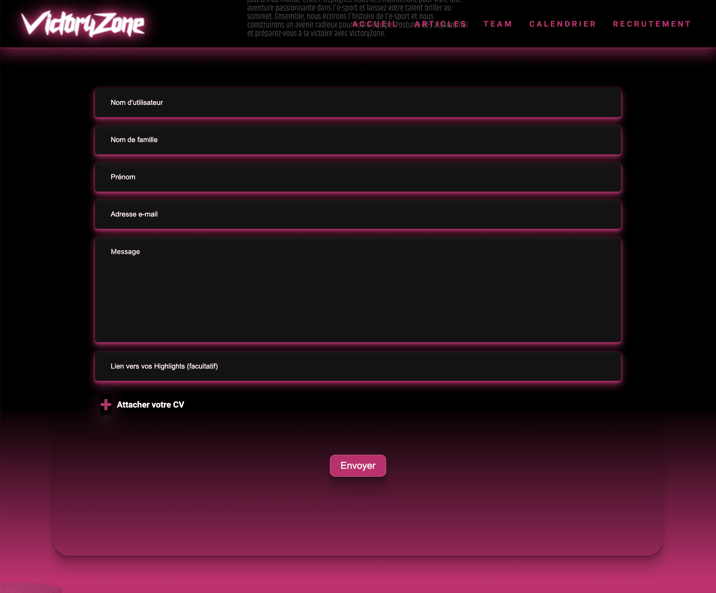 Image page formulaire de recrutement du project VictoryZone version desktop